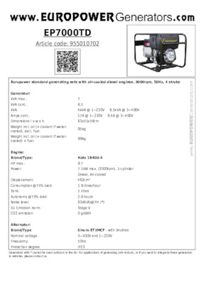 Agregaty prądotwórcze z silnikiem wysokoprężnym Europower EP7000TD (S)