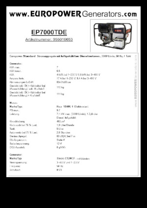 Agregaty prądotwórcze z silnikiem wysokoprężnym Europower EP7000TDE (S)