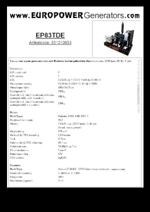 Agregaty prądotwórcze z silnikiem wysokoprężnym Europower EP83TDE (S)