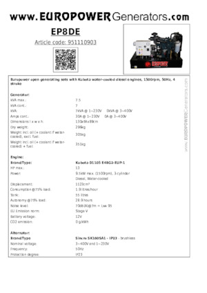 Agregaty prądotwórcze z silnikiem wysokoprężnym Europower EP8DE (S)