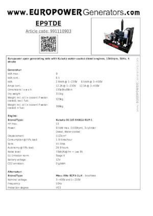 Agregaty prądotwórcze z silnikiem wysokoprężnym Europower EP9TDE (MA)