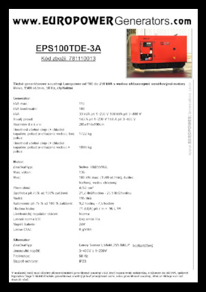 Agregaty prądotwórcze z silnikiem wysokoprężnym Europower EPS100TDE-3A (LS)