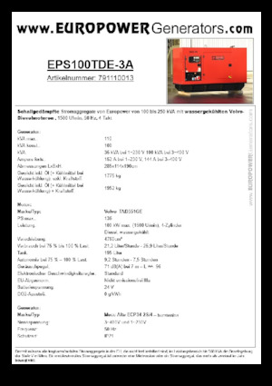 Agregaty prądotwórcze z silnikiem wysokoprężnym Europower EPS100TDE-3A (MA)