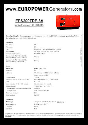 Agregaty prądotwórcze z silnikiem wysokoprężnym Europower EPS200TDE-3A (LS)