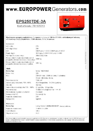 Agregaty prądotwórcze z silnikiem wysokoprężnym Europower EPS250TDE-3A (LS)