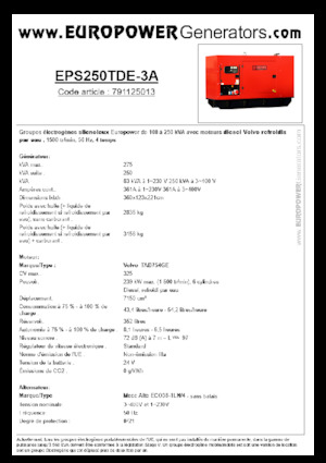 Agregaty prądotwórcze z silnikiem wysokoprężnym Europower EPS250TDE-3A (MA)