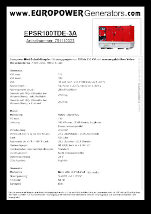 Agregaty prądotwórcze z silnikiem wysokoprężnym Europower EPSR100TDE-3A (MA)