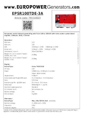 Agregaty prądotwórcze z silnikiem wysokoprężnym Europower EPSR100TDE-3A (MA)