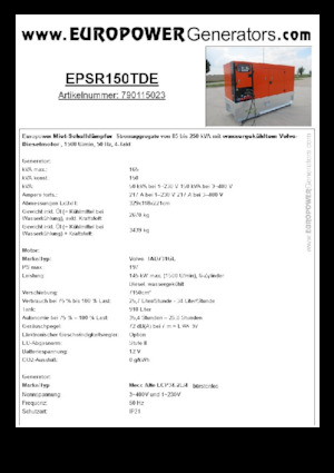 Agregaty prądotwórcze z silnikiem wysokoprężnym Europower EPSR150TDE (MA)