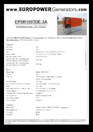 Agregaty prądotwórcze z silnikiem wysokoprężnym Europower EPSR150TDE-3A (LS)
