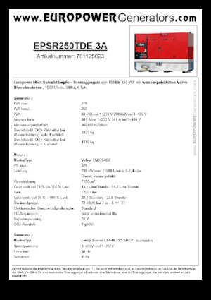 Agregaty prądotwórcze z silnikiem wysokoprężnym Europower EPSR250TDE-3A (LS)
