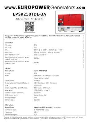 Agregaty prądotwórcze z silnikiem wysokoprężnym Europower EPSR250TDE-3A (MA)