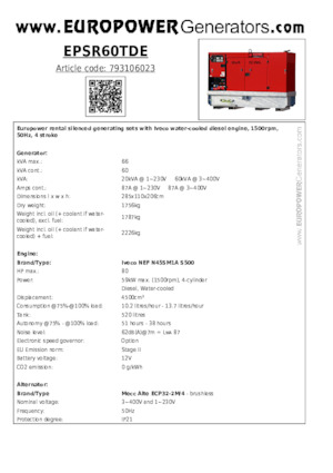 Agregaty prądotwórcze z silnikiem wysokoprężnym Europower EPSR60TDE (MA)