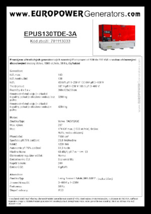 Agregaty prądotwórcze z silnikiem wysokoprężnym Europower EPUS130TDE-3A (LS)