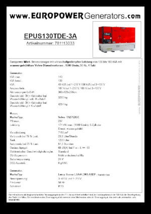 Agregaty prądotwórcze z silnikiem wysokoprężnym Europower EPUS130TDE-3A (LS)