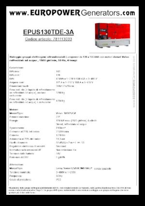 Agregaty prądotwórcze z silnikiem wysokoprężnym Europower EPUS130TDE-3A (LS)