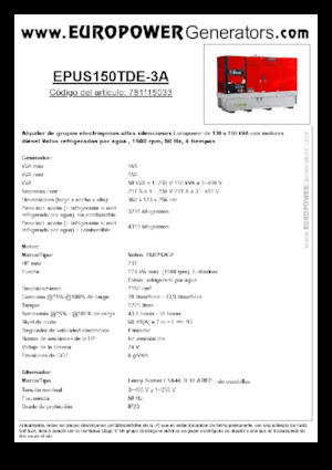 Agregaty prądotwórcze z silnikiem wysokoprężnym Europower EPUS150TDE-3A (LS)