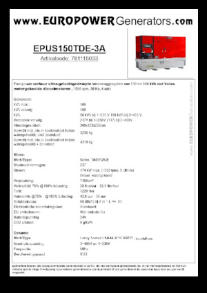 Agregaty prądotwórcze z silnikiem wysokoprężnym Europower EPUS150TDE-3A (LS)