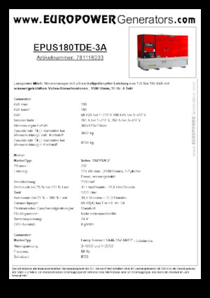Agregaty prądotwórcze z silnikiem wysokoprężnym Europower EPUS180TDE-3A (LS)