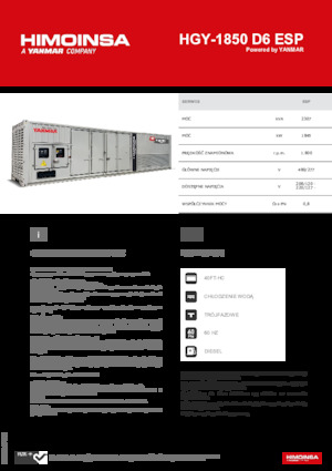 Agregaty prądotwórcze z silnikiem wysokoprężnym HIMOINSA HGY-1850 D6 ESP
