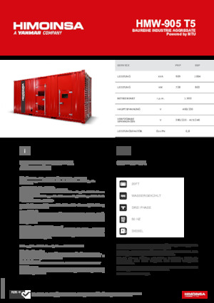 Agregaty prądotwórcze z silnikiem wysokoprężnym HIMOINSA HMW-905 T5