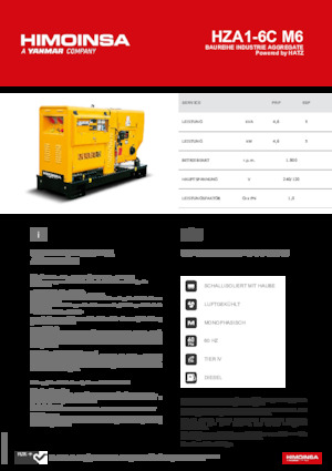 Agregaty prądotwórcze z silnikiem wysokoprężnym HIMOINSA HZA1-6C M6