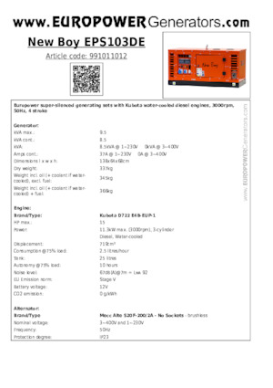Agregaty prądotwórcze z silnikiem wysokoprężnym Europower New Boy EPS103DE (MA)