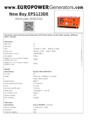 Agregaty prądotwórcze z silnikiem wysokoprężnym Europower New Boy EPS123DE (S)