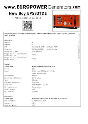 Agregaty prądotwórcze z silnikiem wysokoprężnym Europower New Boy EPS83TDE (S)
