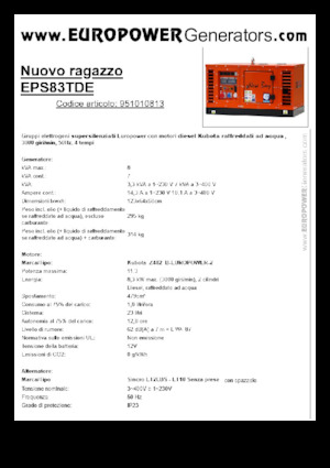 Agregaty prądotwórcze z silnikiem wysokoprężnym Europower New Boy EPS83TDE (S)