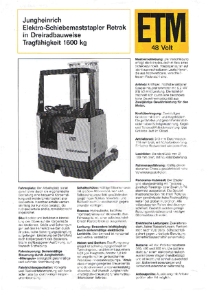 Wózki wysokiego składowania Jungheinrich Retrak ETM/ETV 16