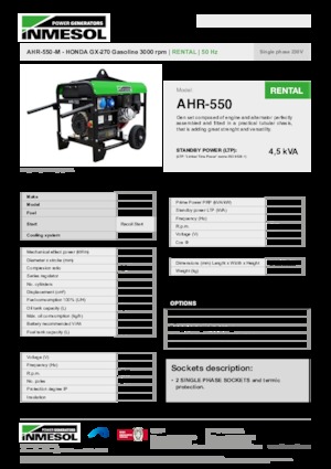 Agregaty prądotwórcze z silnikiem spalinowym INMESOL AHR-550-M