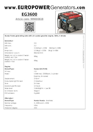 Agregaty prądotwórcze z silnikiem spalinowym Europower EG3600