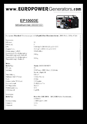 Agregaty prądotwórcze z silnikiem spalinowym Europower EP10000E (MA)