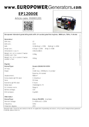 Agregaty prądotwórcze z silnikiem spalinowym Europower EP12000E (S)