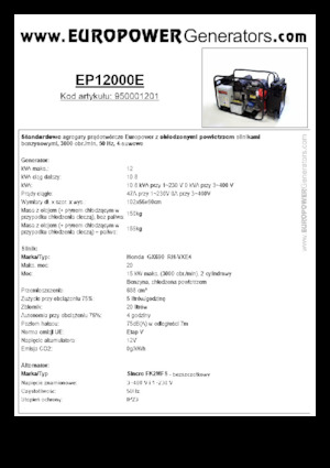 Agregaty prądotwórcze z silnikiem spalinowym Europower EP12000E (S)