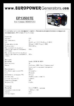 Agregaty prądotwórcze z silnikiem spalinowym Europower EP13500TE (S)