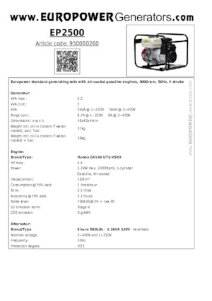 Agregaty prądotwórcze z silnikiem spalinowym Europower EP2500 (S)