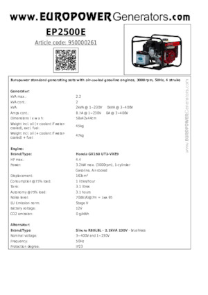 Agregaty prądotwórcze z silnikiem spalinowym Europower EP2500E (S)
