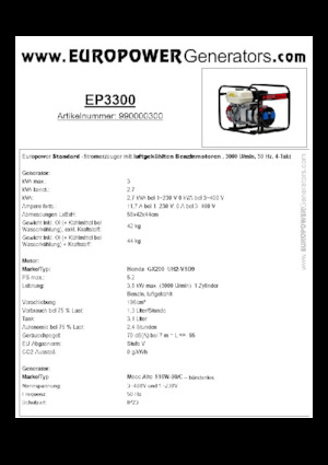Agregaty prądotwórcze z silnikiem spalinowym Europower EP3300 (MA)