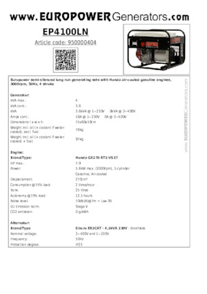 Agregaty prądotwórcze z silnikiem spalinowym Europower EP4100LN (S)