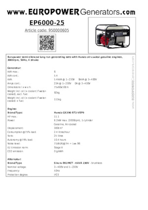 Agregaty prądotwórcze z silnikiem spalinowym Europower EP6000-25 (S)