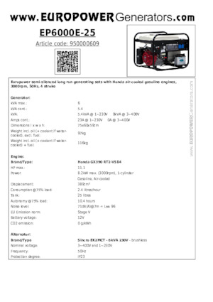 Agregaty prądotwórcze z silnikiem spalinowym Europower EP6000E-25 (S)