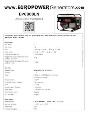 Agregaty prądotwórcze z silnikiem spalinowym Europower EP6000LN (S)