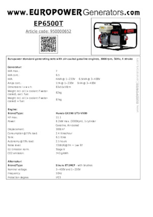 Agregaty prądotwórcze z silnikiem spalinowym Europower EP6500T (S)