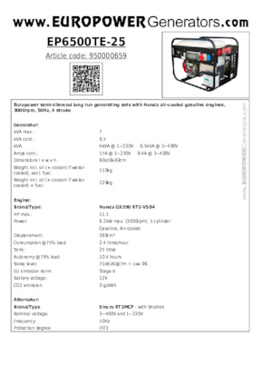 Agregaty prądotwórcze z silnikiem spalinowym Europower EP6500TE-25 (S)