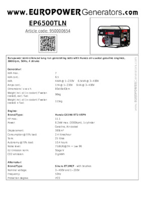 Agregaty prądotwórcze z silnikiem spalinowym Europower EP6500TLN (S)