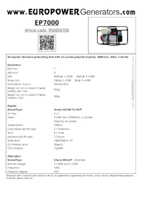 Agregaty prądotwórcze z silnikiem spalinowym Europower EP7000 (S)