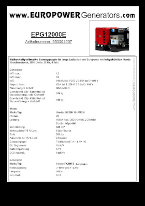 Agregaty prądotwórcze z silnikiem spalinowym Europower EPG12000E (S)
