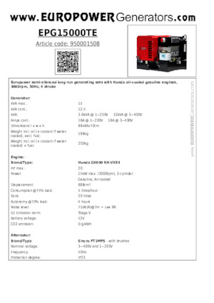 Agregaty prądotwórcze z silnikiem spalinowym Europower EPG15000TE (S)